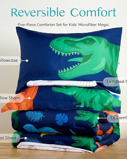 Joiedomi Kid Twin Comforter Set - 5 Piece Dinosaur Bedding Set for Boys/Girls - Super Soft Microfiber Bed in a Bag with Comforter, Sheets, Pillowcase & Sham - LeafyLoom