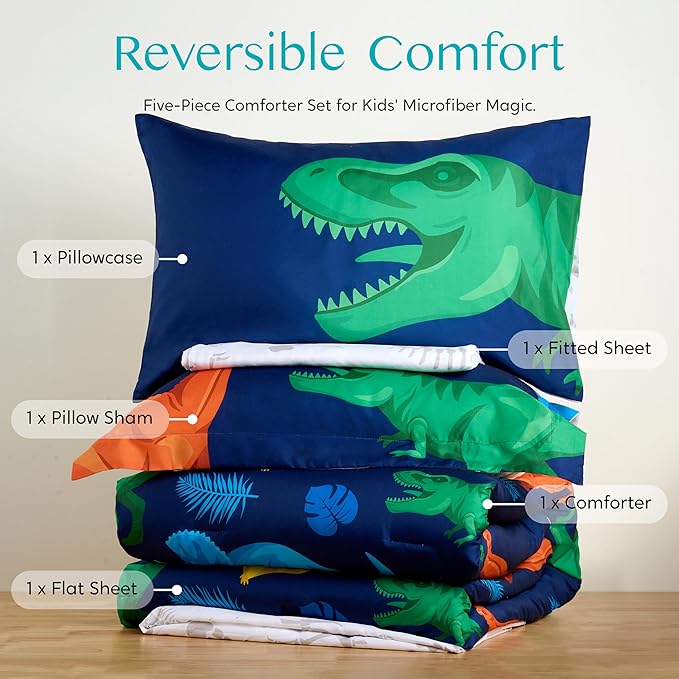 Joiedomi Kid Twin Comforter Set - 5 Piece Dinosaur Bedding Set for Boys/Girls - Super Soft Microfiber Bed in a Bag with Comforter, Sheets, Pillowcase & Sham - LeafyLoom