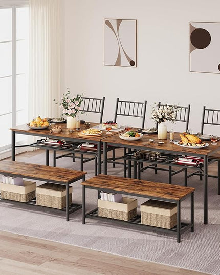 Dining Table Set for 4, Kitchen Table Chairs for 4 with Wine Rack, Dining Room Table Set with Sturdy Bench, Rectangular Kitchen Table Set for Small Space, Apartment, Studio, Rustic Brown - LeafyLoom