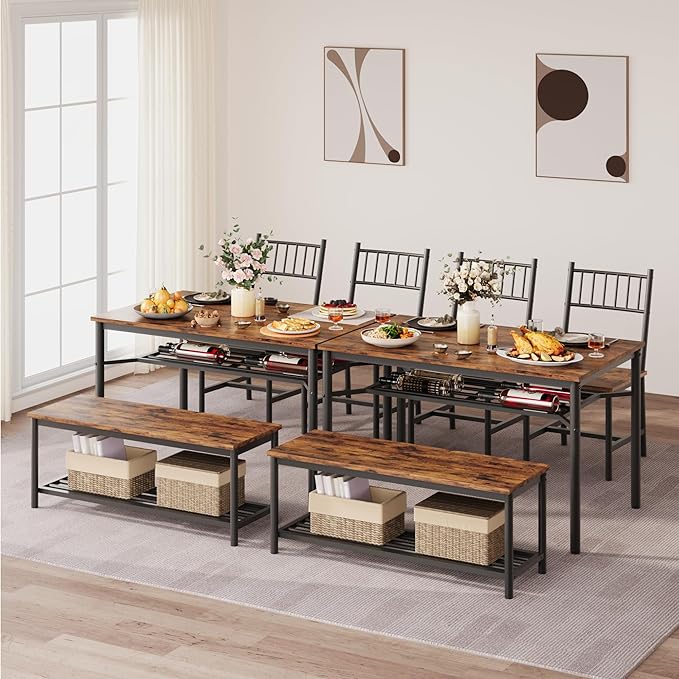 Dining Table Set for 4, Kitchen Table Chairs for 4 with Wine Rack, Dining Room Table Set with Sturdy Bench, Rectangular Kitchen Table Set for Small Space, Apartment, Studio, Rustic Brown - LeafyLoom