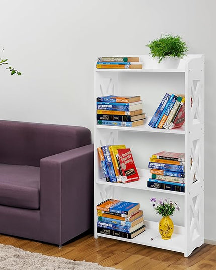 White Bookshelf, White Bookcase, 4 Tier Bookcase, Book Shelf from natural wood, Freestanding Display Storage Shelves Open Bookcase for Bedroom, Living Room and Office (4 Tier, White) - LeafyLoom