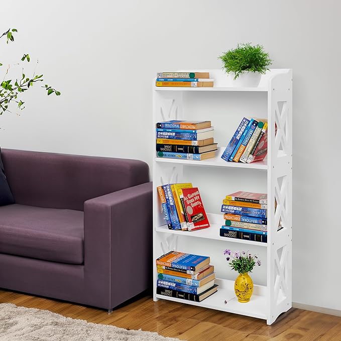 White Bookshelf, White Bookcase, 4 Tier Bookcase, Book Shelf from natural wood, Freestanding Display Storage Shelves Open Bookcase for Bedroom, Living Room and Office (4 Tier, White) - LeafyLoom