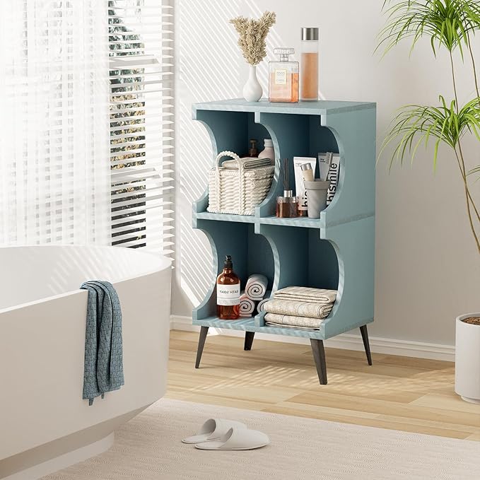 Bookcase 4 Cube Bookshelf,Blue Open Cube Small Book shelf Circle Arc Storage Shelf Display Cabinet Organizer,2 Tiers Modern Wooden Bookcase with Cubby Storage for Living Room,Bedroom,Office - LeafyLoom