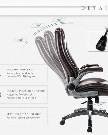 COLAMY Leather Executive Office Chair- High Back Home Computer Desk Chair with Padded Flip-up Arms, Adjustable Tilt Lock, Swivel Rolling Ergonomic Chair for Adult Working Study, Brown - LeafyLoom