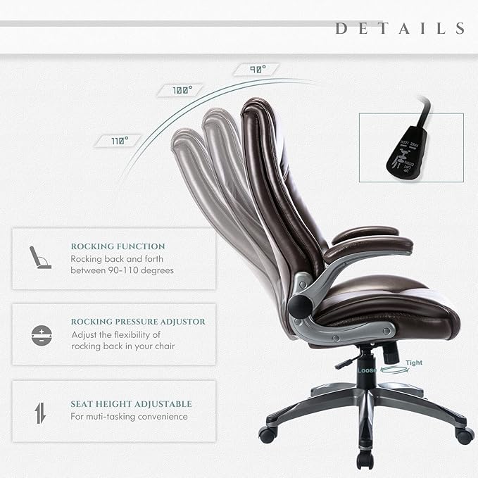 COLAMY Leather Executive Office Chair- High Back Home Computer Desk Chair with Padded Flip-up Arms, Adjustable Tilt Lock, Swivel Rolling Ergonomic Chair for Adult Working Study, Brown - LeafyLoom