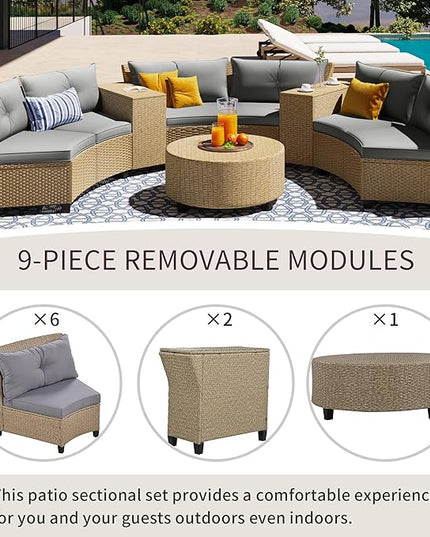 Outdoor 9 Pieces Patio Furniture Half Moon Wicker Sofa Sets, Fan-Shaped Curved Sectional Couch with Coffee Table and Gray Cushions, 1, Brown Rattan - LeafyLoom