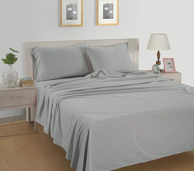 LANE LINEN 100% Organic Cotton Queen Sheets, 4Pc Cotton Sheets Queen Size Set, Classic Percale Weave Bedsheets Queen Size Bed, Sheet & Pillowcase Sets, Queen Bed Sheets Deep Pocket - Silver - LeafyLoom