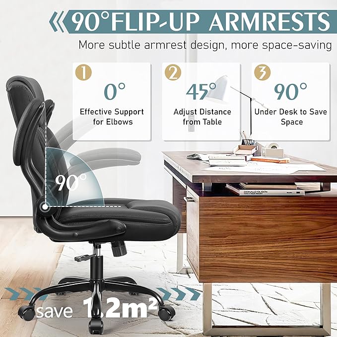 Leather Office Chair, PU Home Computer Desk Chairs with Ergonomic Back Support, 360°Swivel Free，Small Gmaing Chair with Wheels and Adjustable Armrests, for Short People Use, Black - LeafyLoom