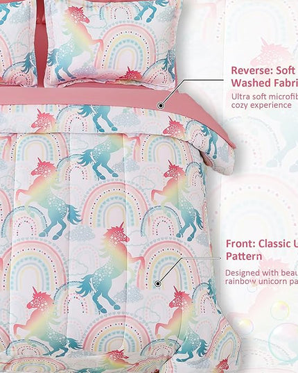 Queen Comforter Set for Girls, 7 Pieces Bed in a Bag, Colorful Unicorn Bedding Comforter Sheet Set, Ultra Soft and Fluffly, Pink & Rainbow Color, Colorful Bed in a Bag for Girls - LeafyLoom