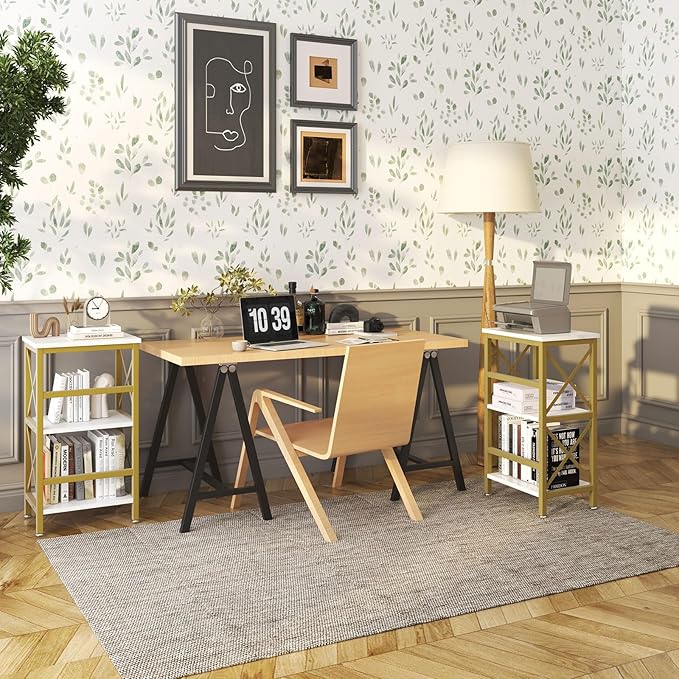 YMYNY 3 Tiers Bookcase, Industrial Metal Bookshelf with Side Fence, Storage Organizer for Living Room, Home Office, Bedroom, Display Racks, Sofa Side Table, 29.5 * 15.75 * 11.4", White UHST008W - LeafyLoom