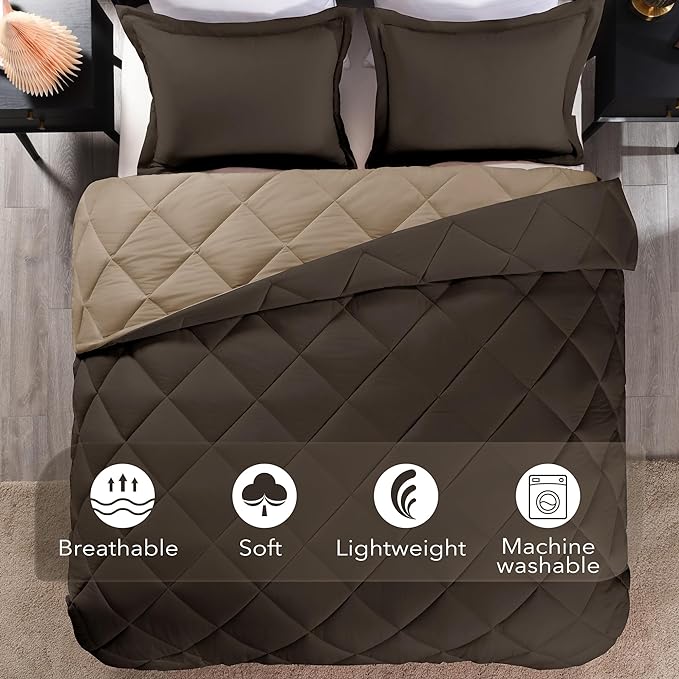 downluxe Queen Comforter Set - Brown and Tan Queen Comforter, Soft Bedding Sets for All Seasons -3 Pieces - 1 Comforter (88"x92") and 2 Pillow Shams(20"x26") - LeafyLoom