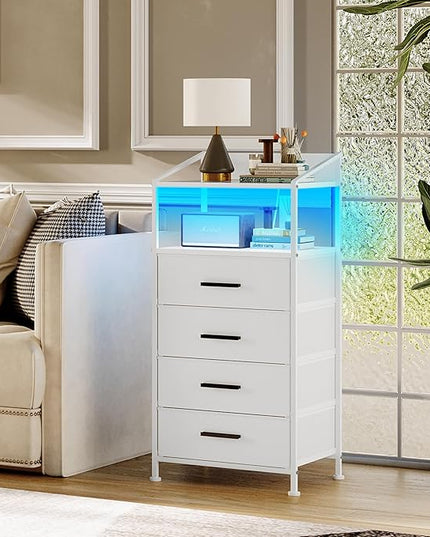Nightstand 4 Drawer Dresser with LED Lights and Charging Station, Vertical Side Table with Fabric Drawers, End Table with Open Shelf, Tall Dresser for Bedroom, Hallway, Entryway, White - LeafyLoom