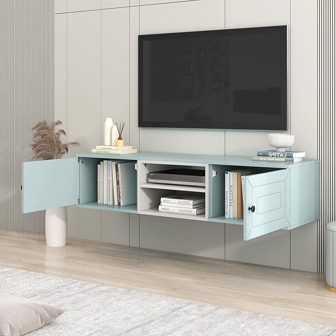 Merax Floating TV Stand for Televisions up to 65" with Large Storage and Adjustable Shelves, Modern Wall Mounted Entertainment Center for Living Room, Bedroom, Cable Management Media Console, Blue - LeafyLoom