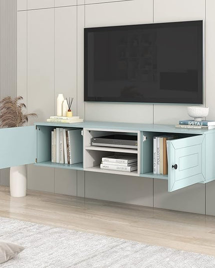 Mounted Floating TV Stand for TVs up to 65'', TV Console with 3 Levels Adjustable shelves, Magnetic Cabinet Door and Cable Management, Entertainment Center for Living Room, Light Blue - LeafyLoom