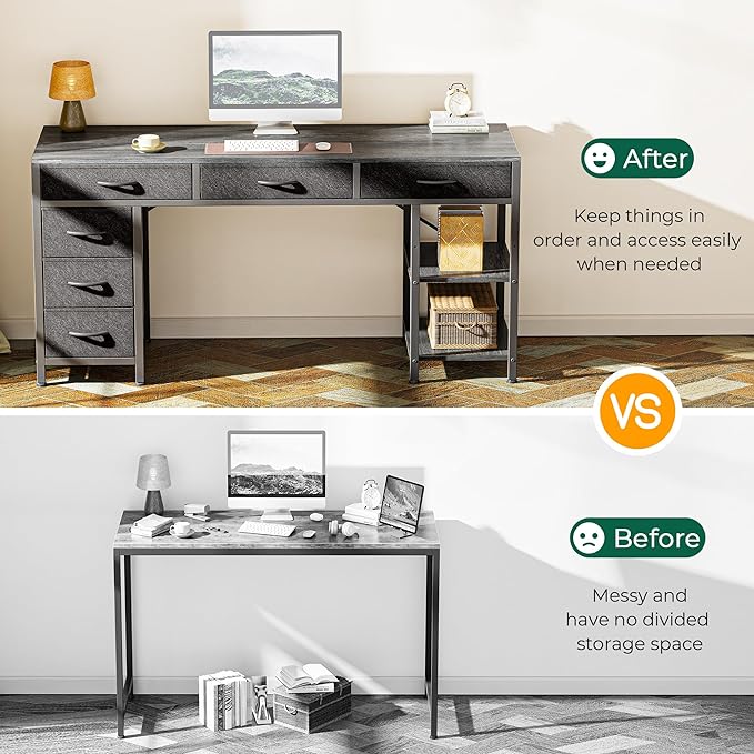 Computer Desk with 6 Drawers, 47 Inch Office Desk with Shelves, Reversible Gaming Desk, Corner Desk with Storage, Work Desk for Home Office, Study, Living Room, Gray - LeafyLoom