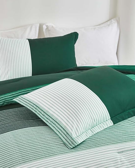 WONGS BEDDING Comforter Set King, Reversible Emerald Green Striped Down Alternative Comforter for King Bed,3 Pieces (1 Comforter+2 Pillowcases), Soft Microfiber Bedding Duvet Set 104"×90" - LeafyLoom