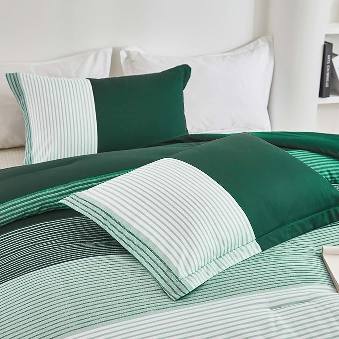 WONGS BEDDING Comforter Set King, Reversible Emerald Green Striped Down Alternative Comforter for King Bed,3 Pieces (1 Comforter+2 Pillowcases), Soft Microfiber Bedding Duvet Set 104"×90" - LeafyLoom