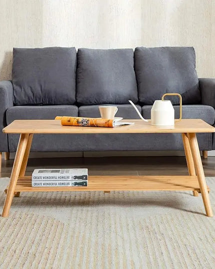 Nnewvante Coffee Table Foldable Bamboo Mid Century Desk TV Stand with Open Storage Shelf Center Table for Living Room Furniture RV No Assembly - LeafyLoom