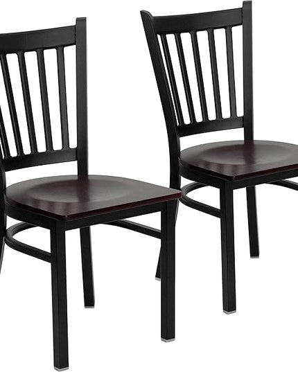 Flash Furniture 2 Pk. HERCULES Series Black Vertical Back Metal Restaurant Chair - Mahogany Wood Seat - LeafyLoom