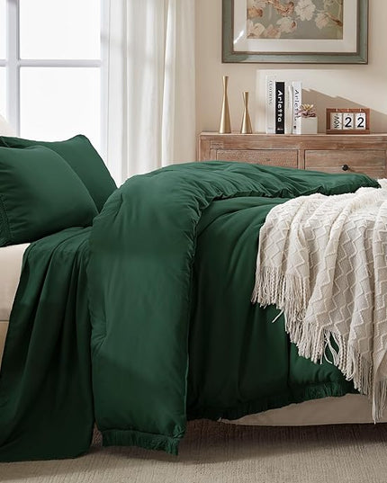 Andency Dark Emerald Green Comforter Set California King, Cal King Boho Lightweight Bedding Comforter Sets, 3 Pieces Oversized All Season Soft Tassel Bed Set (104x96In Comforter & 2 Pillowcases) - LeafyLoom