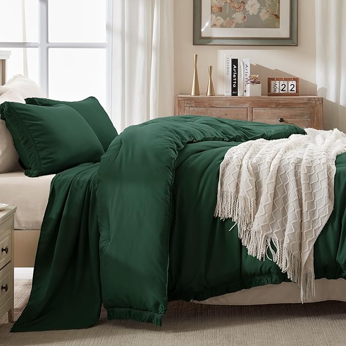 Andency Dark Emerald Green Comforter Set California King, Cal King Boho Lightweight Bedding Comforter Sets, 3 Pieces Oversized All Season Soft Tassel Bed Set (104x96In Comforter & 2 Pillowcases) - LeafyLoom