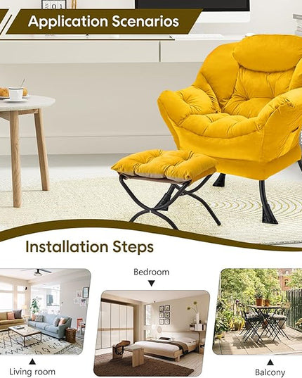 Lazy Chair with Folding Ottoman Modern Large Accent Chair,Contemporary Lounge Leisure Sofa Chair with Armrests Upholstered Sofa Armchair Reading Chair for Bedroom,Dorm & Office,Yellow - LeafyLoom