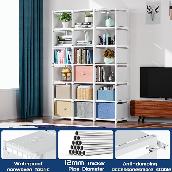 Mavivegue Book Shelf, 18 Cube Storage Organizer, DIY Bookcase, Metal Cube Bookshelf, Tall Book case for Bedroom, Living Room, Office, Closet Storage Organizer, Black Cubicle Storage Rack-White - LeafyLoom