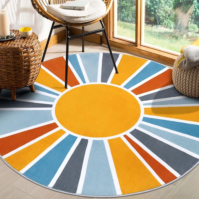 Topotdor Sun Rainbow Round Rug 4ft Boho Kids Nursery Rug, Colorful Washable Area Rug Ultra Soft Circle Classroom Rug Non-Slip for Bedroom Living Room Playroom Decor, Blue - LeafyLoom