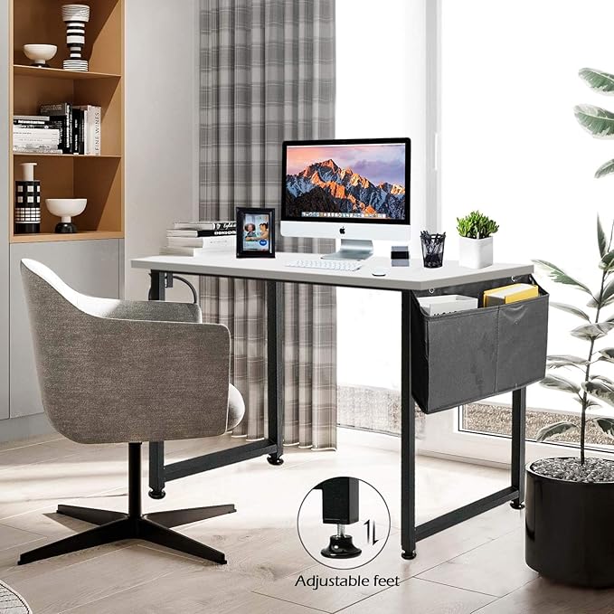 Lufeiya Computer Desk White Writing Table for Small Spaces Home Office 39 Inch Modern Study PC Des,with Storage Bag Hook (White Black) - LeafyLoom