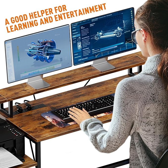 IDEALHOUSE L Shaped Desk - 76" Reversible L Shaped Computer Desk with File Drawer, Office Desk with Power Outlet, L Shaped Gaming Desk with Monitor Shelf, Corner Desk for Home Office, Vintage Brown - LeafyLoom