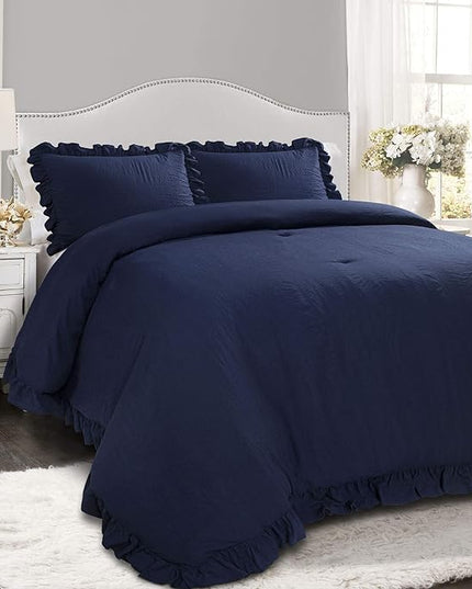 Lush Decor Reyna Ruffle Comforter Set - 3 Piece Cozy Ruffled Bedding Set - Timeless Elegance and Comfort for Bedroom - King, Navy - LeafyLoom