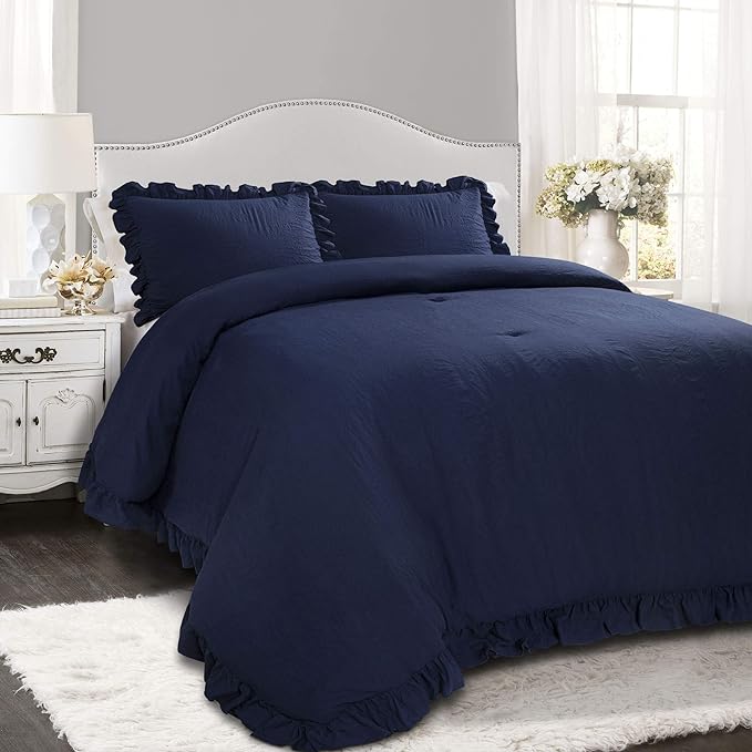 Lush Decor Reyna Ruffle Comforter Set - 3 Piece Cozy Ruffled Bedding Set - Timeless Elegance and Comfort for Bedroom - King, Navy - LeafyLoom