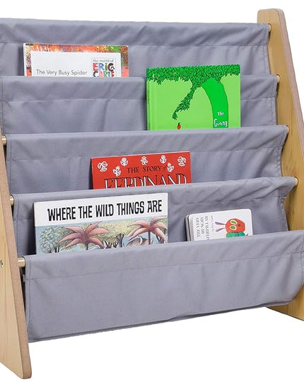 Wildkin Kids Canvas Sling Bookshelf for Boys and Girls, Wooden Design Features Four Fabric Shelves, Keep Bedrooms, Playrooms, and Classrooms Organized, Measures 25 x 24 x 11 Inches (Natural w/ Gray) - LeafyLoom
