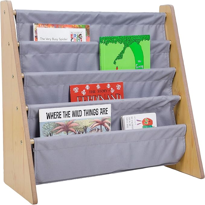 Wildkin Kids Canvas Sling Bookshelf for Boys and Girls, Wooden Design Features Four Fabric Shelves, Keep Bedrooms, Playrooms, and Classrooms Organized, Measures 25 x 24 x 11 Inches (Natural w/ Gray) - LeafyLoom
