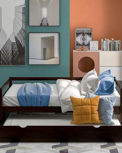 Twin Size Daybed with Hideaway Trundle,Multifunction Solid Wood Bed Frame,W/Wooden Slat Support and Guardrails,No Box Spring Needed,for Bedroom Children Room,Espresso - LeafyLoom