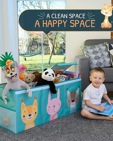 Extra Large Toy Storage Organizer with Lid - Sturdy, Collapsible Toy Chest Storage Box with Cute Design - Toys Bin with Dividers for Kids, Boys, Girls, Nursery, Bedroom, Play room 37"x16"x14" - LeafyLoom