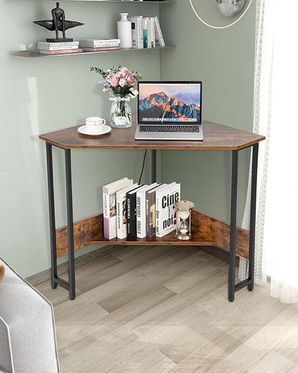 Corner Desk with Charging Station & USB Port, 90-degree Triangle Computer Workstation w/Storage Shelf, Metal Frame, Space-saving Laptop PC Desk for Small Space, Home Office (Rustic Brown) - LeafyLoom