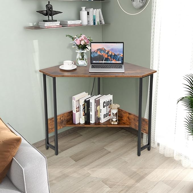 Corner Desk with Charging Station & USB Port, 90-degree Triangle Computer Workstation w/Storage Shelf, Metal Frame, Space-saving Laptop PC Desk for Small Space, Home Office (Rustic Brown) - LeafyLoom