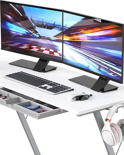 SHW Vista L-Shape Desk with Monitor Stand, White - LeafyLoom