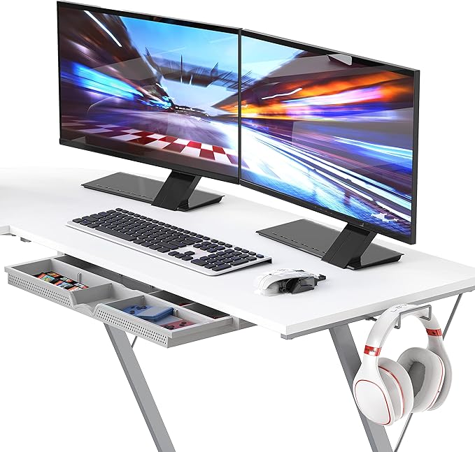SHW Vista L-Shape Desk with Monitor Stand, White - LeafyLoom