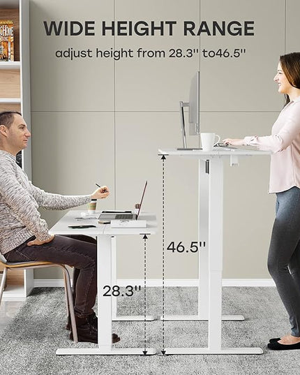 White Standing Desk, 48 X 24 Inch Adjustable Height Electric Desk, Sit Stand Desk with Splice Board and 2 Hooks, Ergonomic Rising Desk for Home Office - LeafyLoom