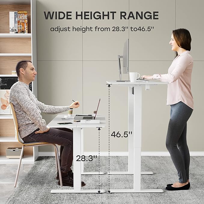 White Standing Desk, 48 X 24 Inch Adjustable Height Electric Desk, Sit Stand Desk with Splice Board and 2 Hooks, Ergonomic Rising Desk for Home Office - LeafyLoom