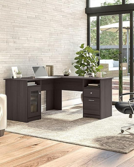 Bush Furniture Cabot L Shaped Computer Desk in Heather Gray | Corner Table with Drawers for Home Office - LeafyLoom