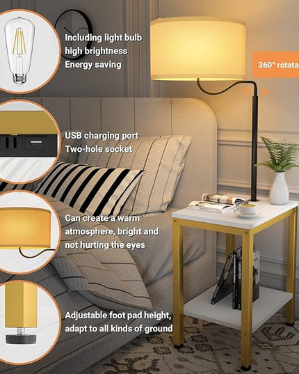 LED Floor Lamp with Table - End Table with Power Outlet and USB Charging Port, Bedside Nightstand Shelf, Side Table with Standing Light for Living Room, Bedroom, Bulb Included, White, 2 Pack - LeafyLoom
