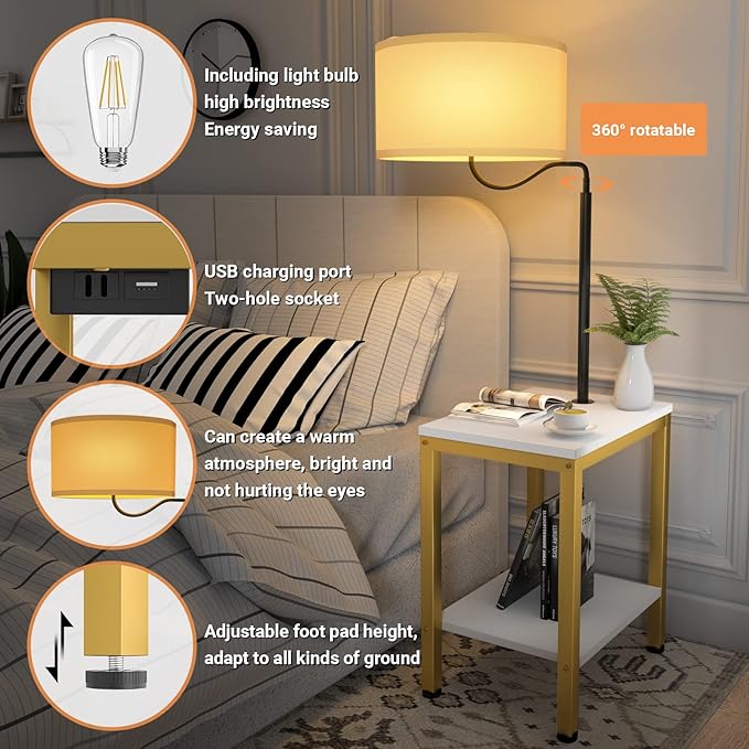 LED Floor Lamp with Table - End Table with Power Outlet and USB Charging Port, Bedside Nightstand Shelves, Side Table with Reading Standing Light for Living Room, Bedroom, Bulb Included, White - LeafyLoom