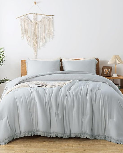 Andency Light Grey Comforter Set Queen, 3 Pieces Boho Tassel Lightweight Bedding Comforter Sets, All Season Soft Fluffy Fringe Bed Set (90x90In Comforter & 2 Pillowcases) - LeafyLoom