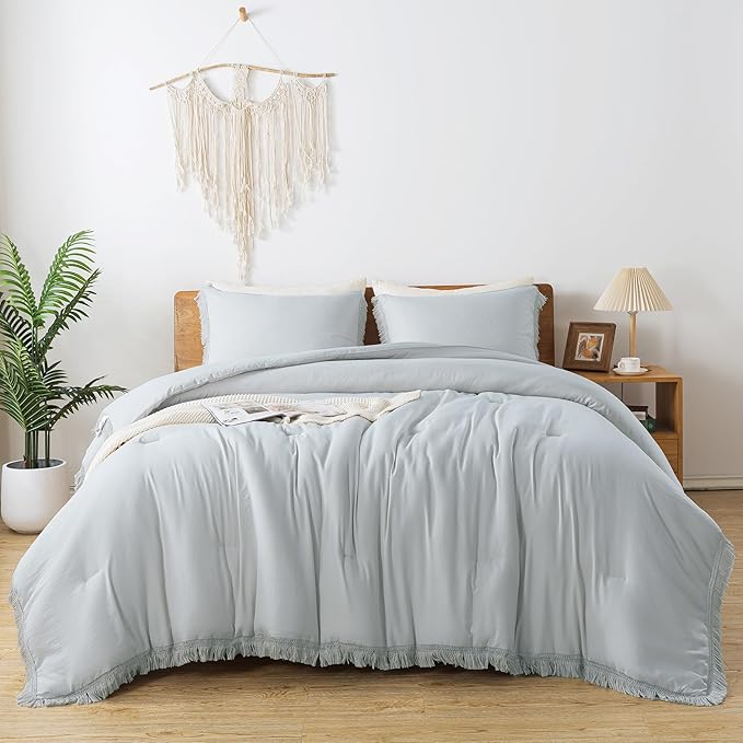 Andency Light Grey Comforter Set Queen, 3 Pieces Boho Tassel Lightweight Bedding Comforter Sets, All Season Soft Fluffy Fringe Bed Set (90x90In Comforter & 2 Pillowcases) - LeafyLoom