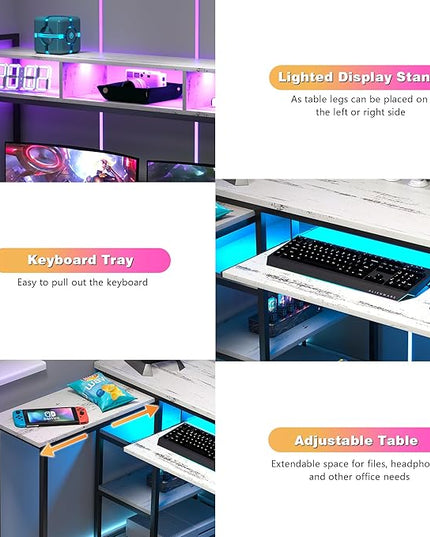 Lvifur RGB Gaming Desk with Wireless Charging Station,7 Dynamic & 24 Static Dimmable Computer Desk with Movable Table, 55'' Home Office Small Desk with Keyboard Tray,Monitor Stand,Display Stand - LeafyLoom