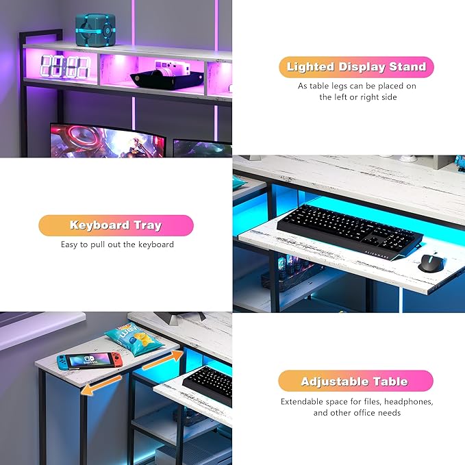 Lvifur RGB Gaming Desk with Wireless Charging Station,7 Dynamic & 24 Static Dimmable Computer Desk with Movable Table, 55'' Home Office Small Desk with Keyboard Tray,Monitor Stand,Display Stand - LeafyLoom