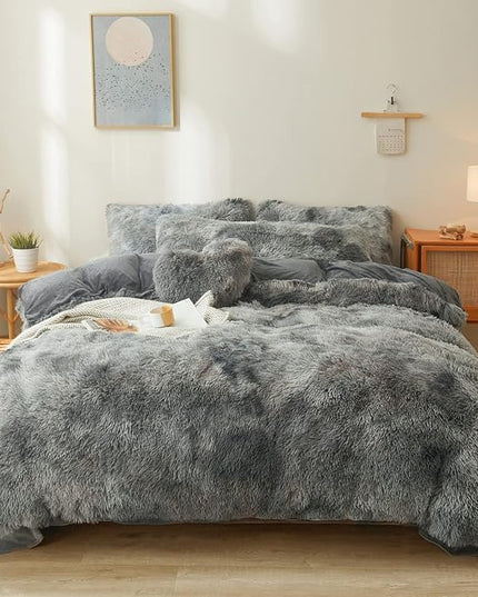 Tie dye Dark Gray Plush Fluffy Comforter Cover Set Queen - Ultra Soft Faux Fur tie dye Bedding Sets 3 Pieces (1 Shaggy Duvet Cover + 2 Pillow case) Fluffy Bed Set (Tie Dye Dark Gray, Queen) - LeafyLoom